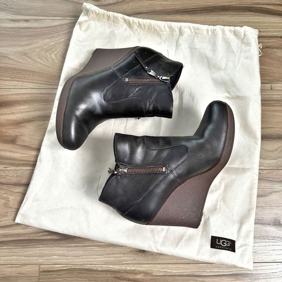 UGG | Meredith Wedge Heel Leather Booties Ankle Boots Brown | Size 7 - Picture 10 of 12